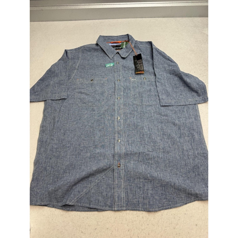 Orvis Shirt Mens 2XLT Blue Tech Chambray Short Sleeve Button Up UPF Outdoor